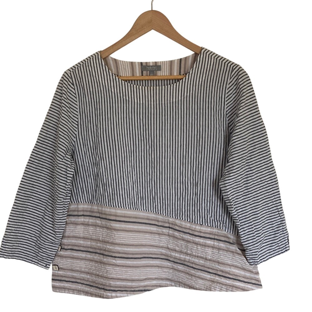 Habitat Womens Boxy Striped Boatneck Cotton Top Size Small White Gray 3/4 Sleeve